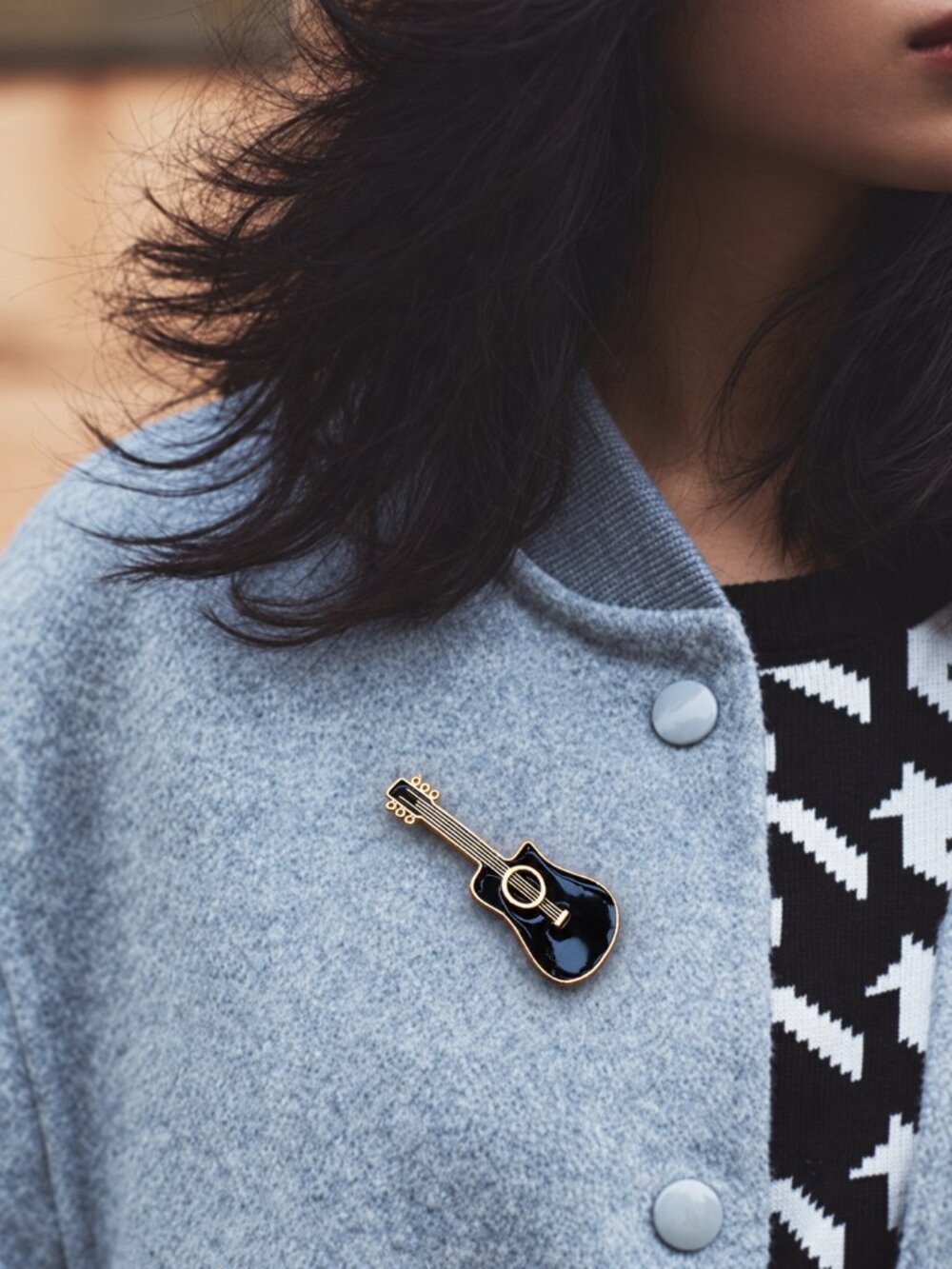 Black Guitar Brooch Gold Tone Enamel Music Instrument Statement Pin